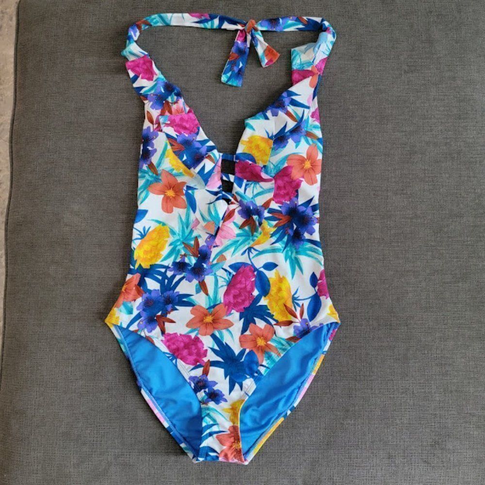 Bleu Rod Beattie Women's Floral Ruffle Halter v-neck One-Piece swimsuit size 12